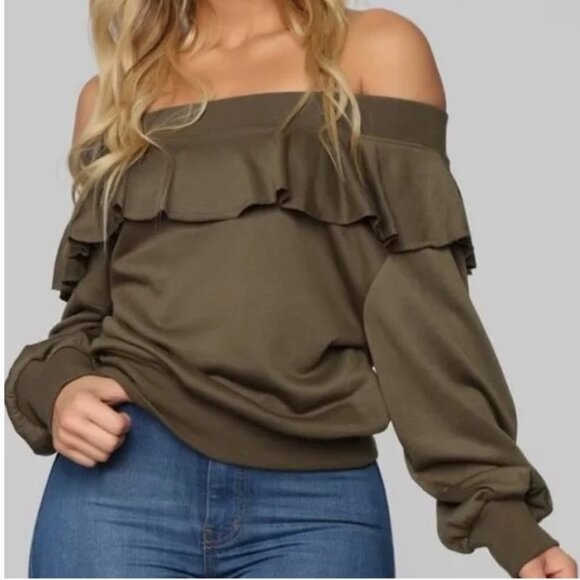 Fashion Nova Olive Green Ruffle Wide Neck Cold Shoulder - Size Small - like NEW - Picture 1 of 5